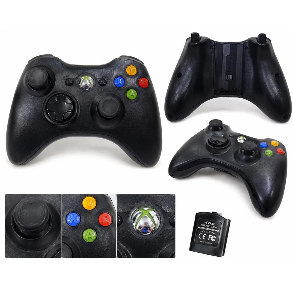 Microsoft Xbox 360 Wireless Controller Black with Nyko Rechargeable Battery Pack